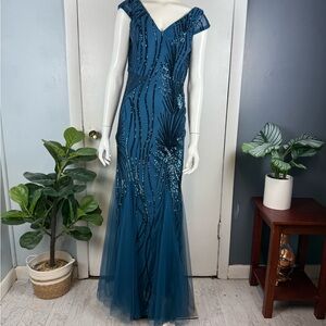 XUIBOL Blue Sequin Formal Gown • V-Neck • Mermaid Tulle Hem • Size M
